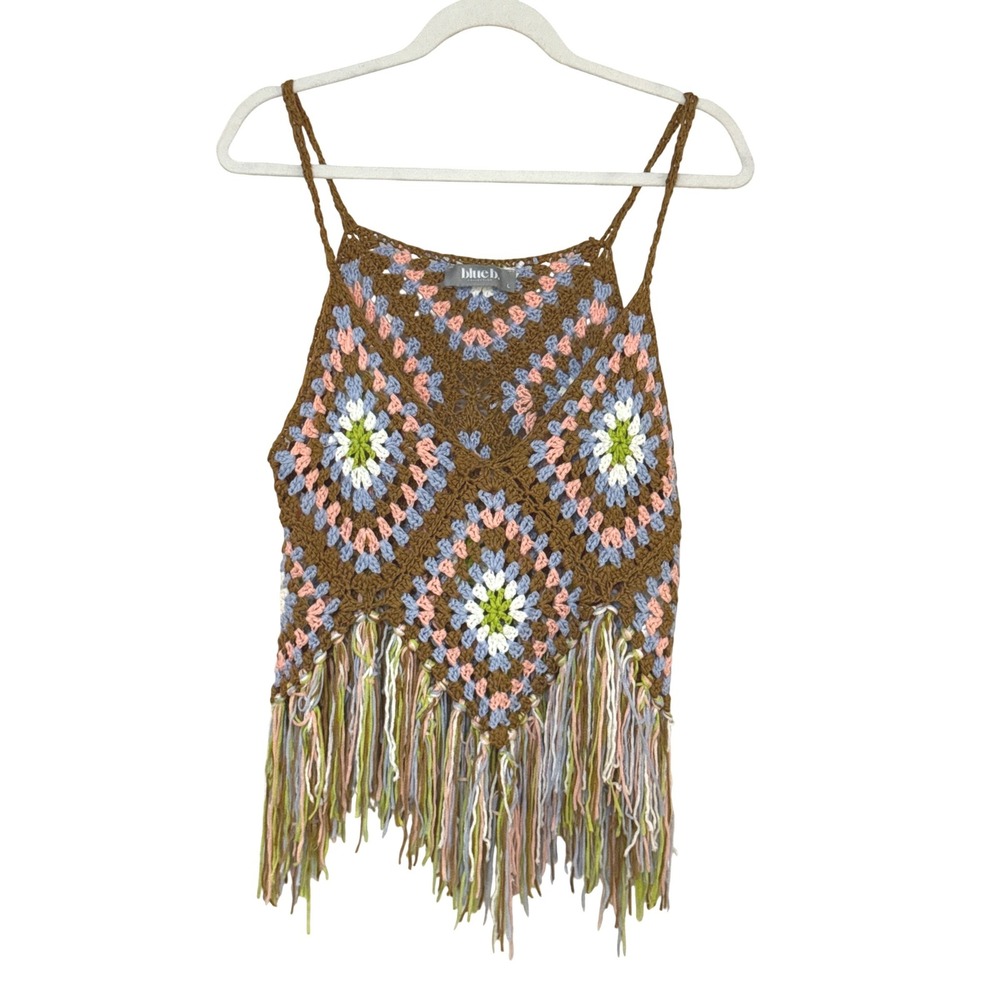 Blue B. Women's Boho Granny Square Crochet Tank Top Fringe Large Brown Multi